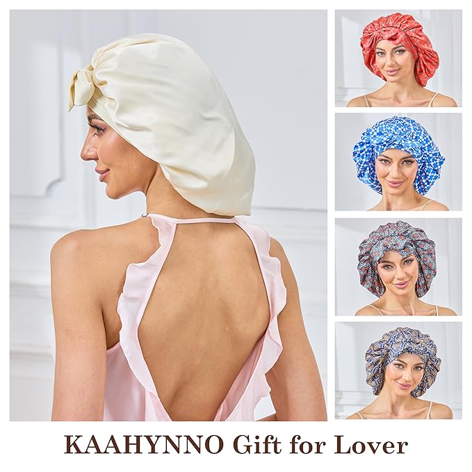 Silk Satin Bonnet for Sleeping Hair: Women Sleep Night Wrap Cap for Straight Wavy Curly Coily Kinky Natural Hair Head by Tie Band - Creamy Yellow Double Side