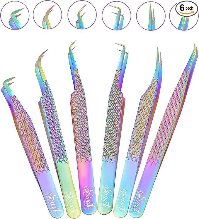 SIVOTE Eyelash Extension Tweezers Fiber Tips, Set of 6, Curved, Dolphin, 90 Degree 45 Degree, Volume Boot & Slight Curved Tweezer, Rainbow