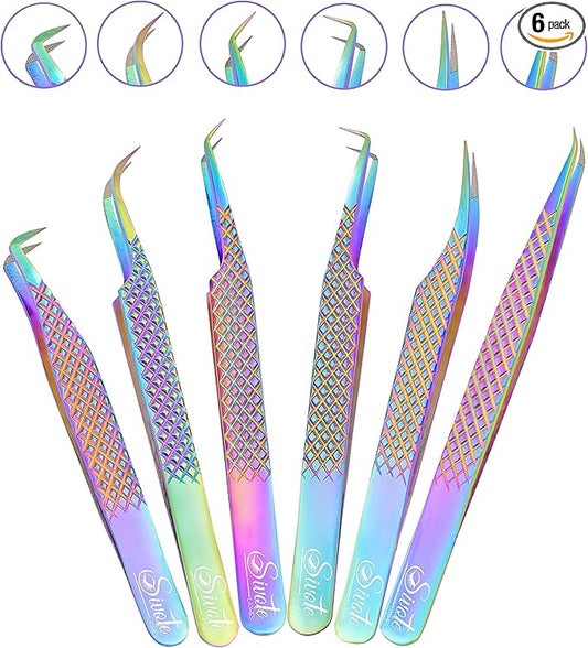 SIVOTE Eyelash Extension Tweezers Fiber Tips, Set of 6, Curved, Dolphin, 90 Degree 45 Degree, Volume Boot & Slight Curved Tweezer, Rainbow