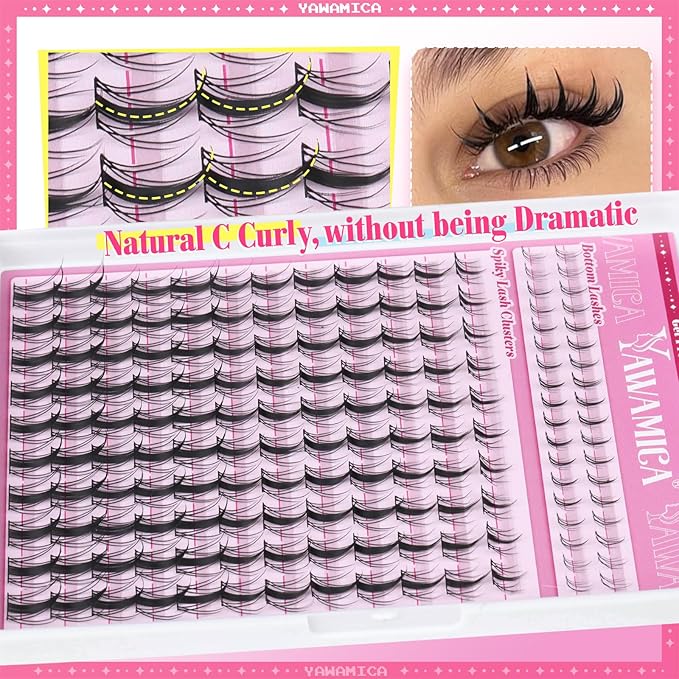 Yawamica Manga Lash Clusters Kit with Bottom Lashes DIY Eyelash Extension Kit Fairy Eyelash Clusters 8-16mm Individual Lashes Clusters Wispy Cluster Lashes with Bond and Seal Remover and Lash Tweezers