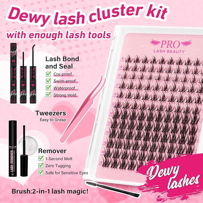 Lash Clusters Kit with Lash Bond and Seal Eyelash Applictor Lash Remover DIY Lash Extension Kit for Beginner Waterproof Resuable Eyelash Extensions at Home (Dewy,8-16mix)