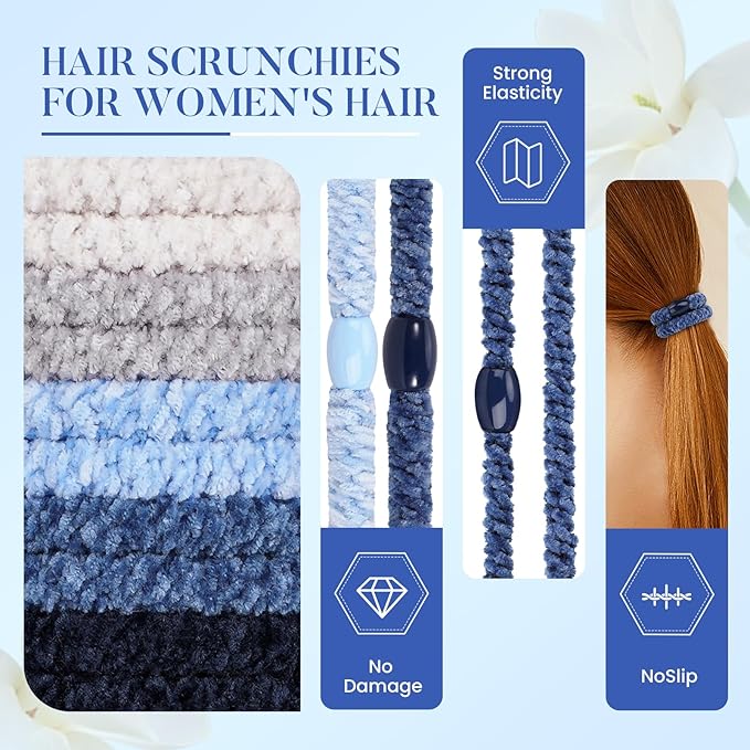 Braided Hair Ties No Damage, 10 Pcs Soft Plush Hair Bands for Women's Hair, Bracelet Hair Elastics & Ponytail Holders for Thick Hair - Light Blue