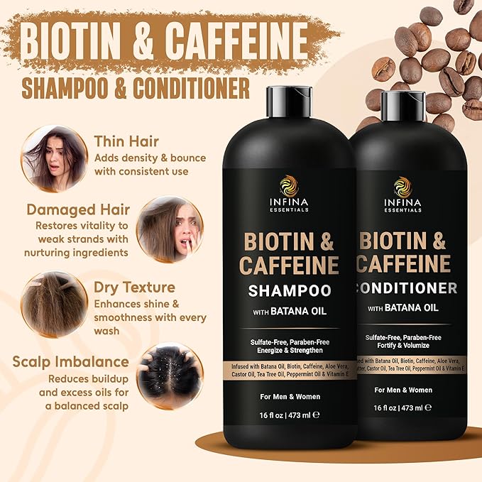 INFINA ESSENTIALS Caffeine Biotin Shampoo and Conditioner Set | 16 fl oz Each | with Batana Oil | Nourishing & Strengthening Formula | Promotes Hair Growth, Thickness & Fuller-Looking Hair