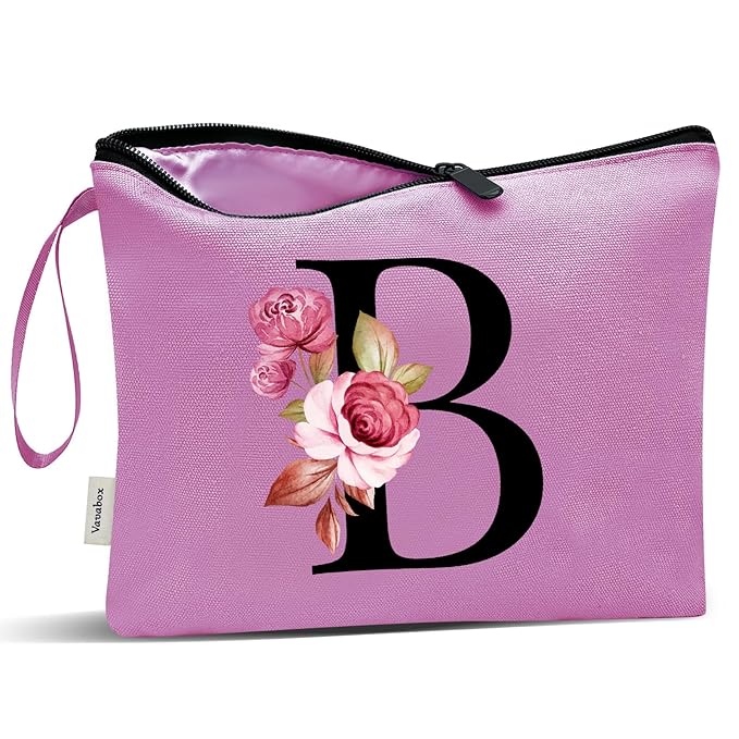 Vavabox A-Z Personalized Makeup Bag, Birthday Gifts for Women Mom, Gifts for Best Friend, Bride Bridesmaid Cosmetic bag (B, Purple)