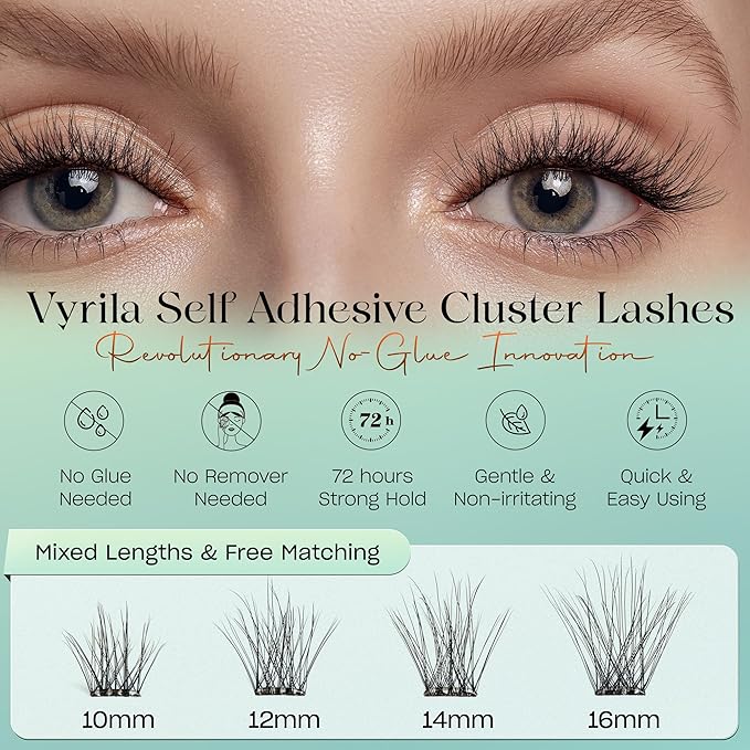 VYRILA Self-Adhesive Lash Cluster, 120pcs Pre-Glued Clusters, Pop-On Faux Eyelashes, 3D Band D Curl Natural Look Lahses, Easy to Apply, Reusable 0.05mm Eyelash Extensions (Green Hush-D-0.05-10-16mix)