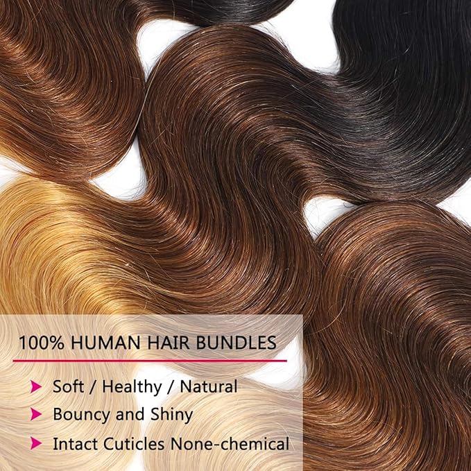 Ombre Body Wave Human Hair Bundles (24 26 28 Inch) 12A Grade Brazilian Virgin Remy 100% Human Hair Extensions 3 Tone 1b/4/27 Color Bundles