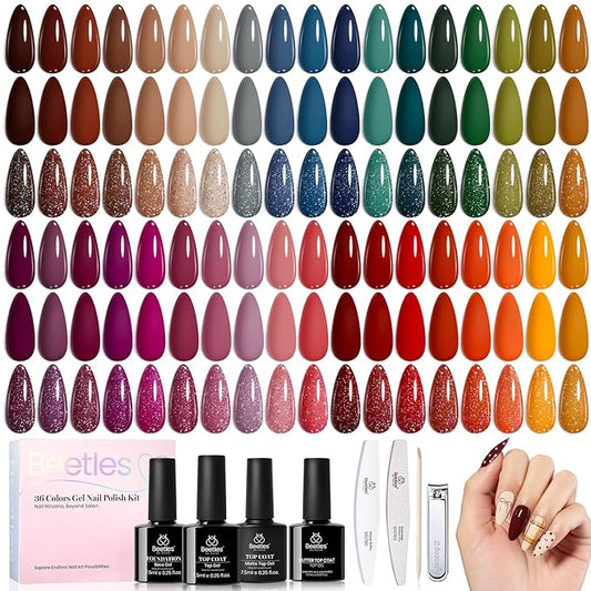 beetles Gel Polish Set - Waltz of Leaves Collection, 36 Trendy Colors Spring & Valentines Brown Orange Colors Gel Polish Set With Base and Glossy Matte Glitter Top Coat Soak Off UV Led Holiday Nails