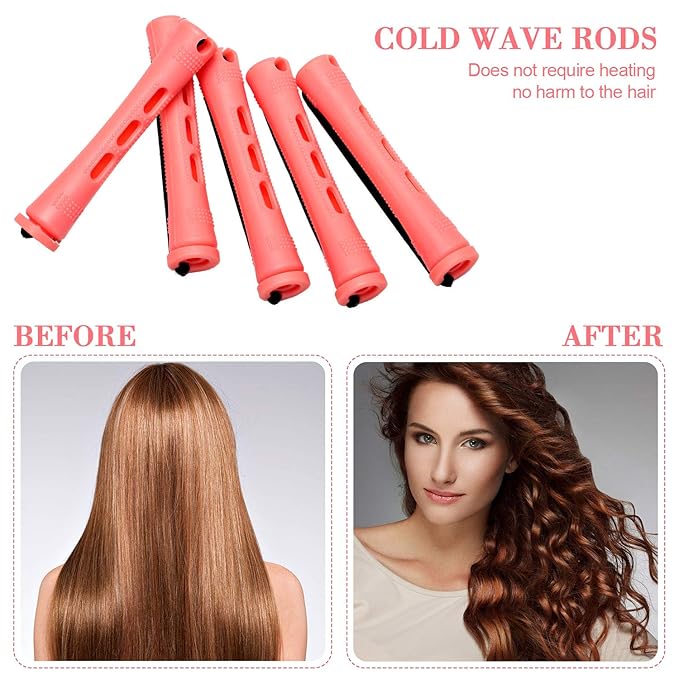 48 Pieces Hair Perm Rods Short Cold Wave Rods Plastic Perming Irons Hair Curling Rollers Curlers with Steel Pintail Comb Rat Tail Comb for Hairdressing Styling Supplies(0.51 Inch,Pink)