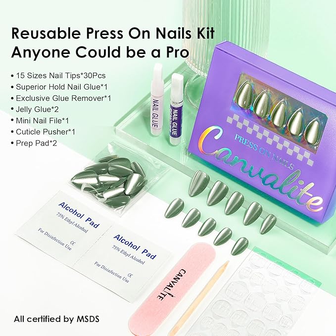 Canvalite Press On Nails Short Almond, 30Pcs Cat Eye Press on Nails Reusable Acrylic Fake Nails with Glue & Glue Remover Easy to Use Manicure Kit for Women, Green