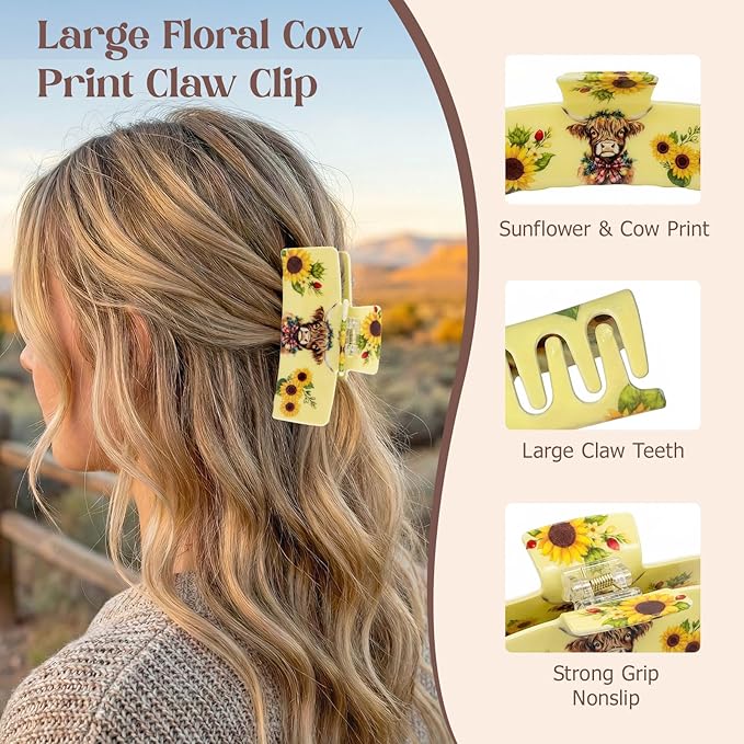Medium Hair Claw Clips with Cow Sunflower Design, Jaw Clip for Hair, Non-Slip Strong Hold Hair Clamps for Thick & Thin Hair, Animal Hair Accessories for Women Daily Wear, Travel, Party Decor