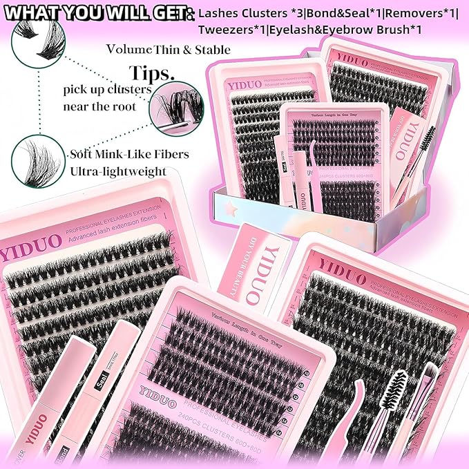 YIDUO Lash Clusters Kit with 2X Bond&Seal 3 Styles 760Pcs Clusters Lashes Extension Volume Soft Eyelash Extension Kit 80D+100D D Curl Wispy Natural DIY Individual Lash Clusters Kit Box for Beginners