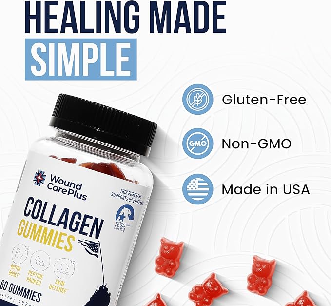 Wound Care Plus Collagen Gummies – with Collagen Peptides, Biotin, Zinc, Vitamins C & E – Supports Skin, Hair & Nail Health – Pectin-Based, Gluten-Free, Non-GMO – 60 Chewable Gummies