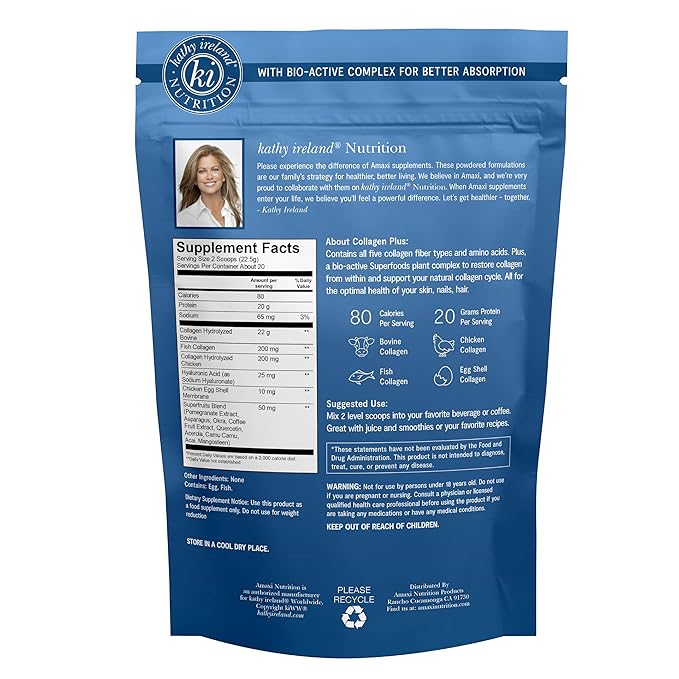 AMAXI Kathy Ireland Multi Collagen Protein Powder Peptides, Types I, II, III, V, X Unflavored, 20g Protein per Serving, Bovine, Chicken, 16 oz