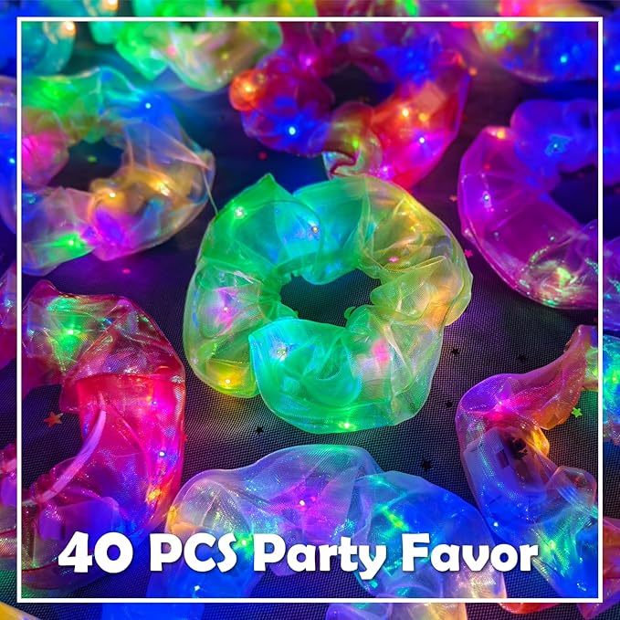 40 PCS Light up Scrunchies, 3 Glow Mode, Hair Accessories for Women, Glow in the Dark Party Supply for Festival Rave Slumber Party