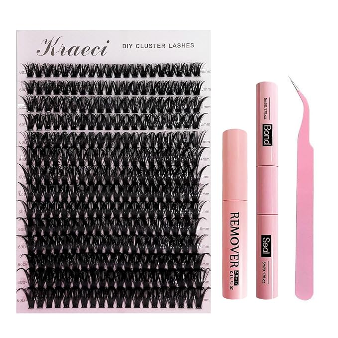 Kraeci Lash Extension Kit DIY with Adhesive Remover for Safe Removal, 280 Clusters 10-18mm, 60D Volumes, Bond Glue, Sealant, Tweezers, Home Use Eyelash Starter Kit