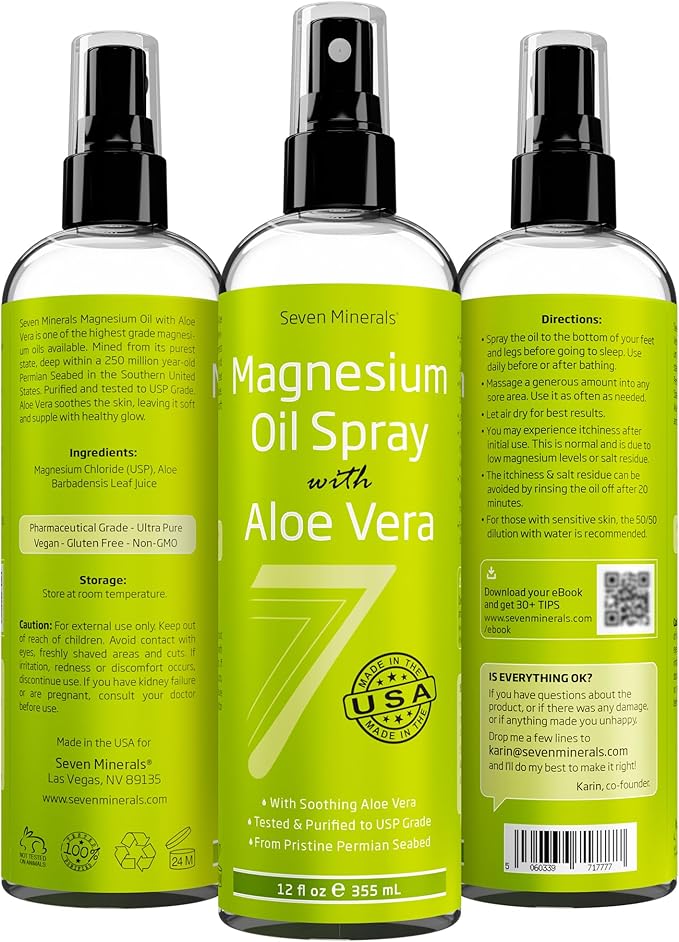 Seven Minerals Pure Magnesium Oil Spray with Aloe Vera 12oz - Pharmaceutical (USP) Grade, Highest Strength with Instant Relief for Feet, Sleep, Muscle Pain & Cramps - Mined in The USA
