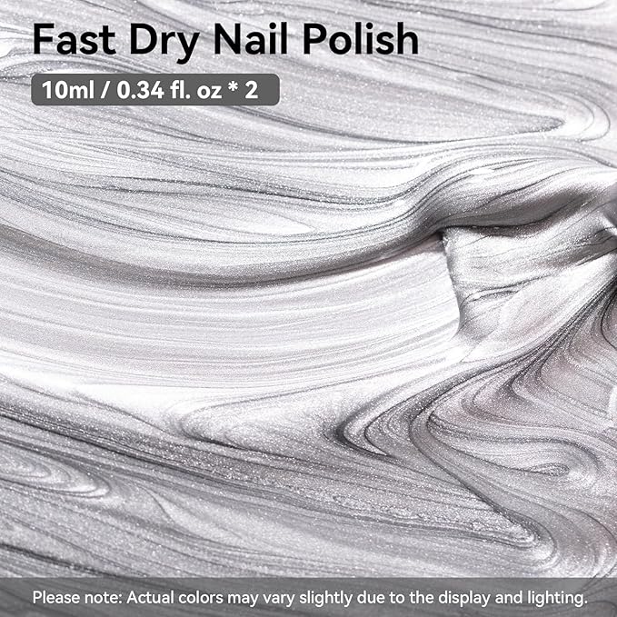 Nailshion Metallic Silver Nail Polish with Base Top Coat, 3 IN 1 Nail Strengthener Quick Dry Clear Nail Polish Duo, Opaque, Non-Gel, Vegan, Liquid Silver Glossy Chrome Nails Art Gift for Women Girls