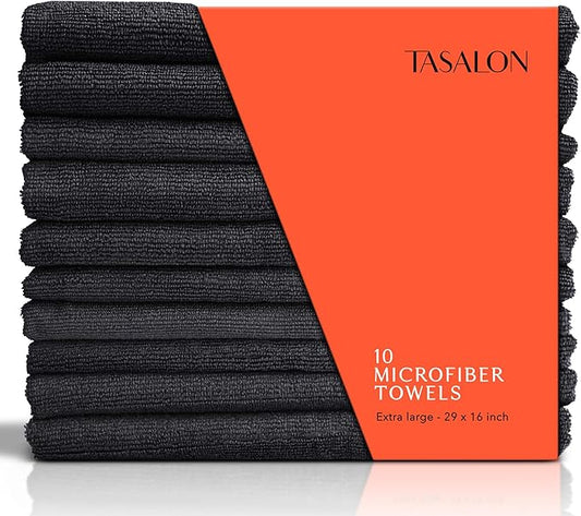 TASALON Microfiber Hair Towel for Salon - 10 Pack - 29 x 16 Inches, Quick Dry and Ultra-Soft Facial Towels with Soft Absorbant - Black
