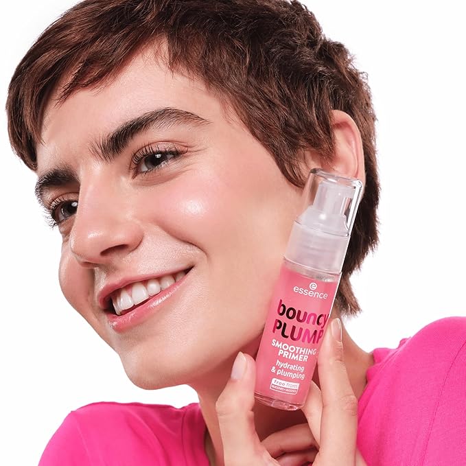 essence bouncy plump smoothing primer, pink, moisturising, smoothing, nourishing, natural, vegan, oil-free, alcohol-free, paraben-free