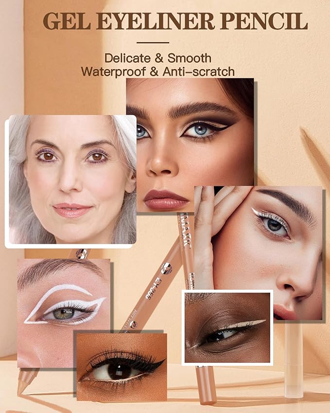 Nude Beige & Black Water Line Gel Eyeliner Pencil-3Pcs Longlasting Waterproof Smudge-Proof Cream Eye Liner Waterline Pen,Smooth Easy-to-Sharpen Pencil,Thanksgiving Eye Makeup Gift Set for Girl