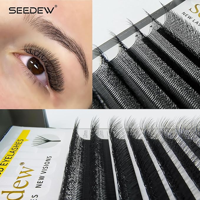 SEEDEW 6D Lash Extensions, 0.07mm C Curl 10mm 12 Rows/Tray, W Shape Flat Stem, Korean PBT Mega Volume False Eyelashes Grafting for Beginner Artist, Lash Tech, Beauty Salon(6D-Matte Black-0.07-C-10mm)