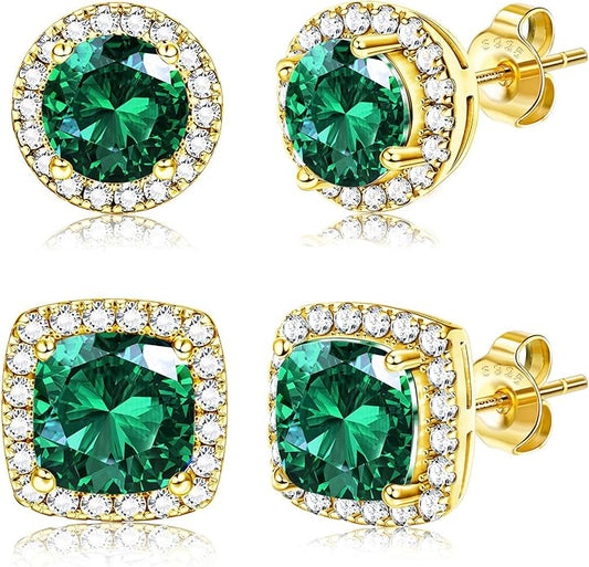 Hayoso 18K Gold Plated Halo Stud Earrings 925 Sterling Silver Cubic Zirconia Stud Earrings Round Square Diamonique Stud Earrings Set for Women Men
