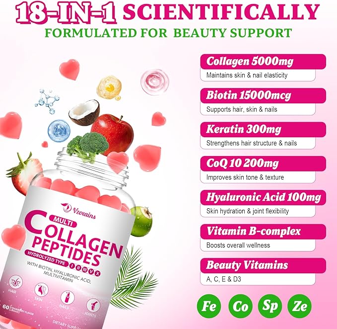 Multi Collagen Peptides Gummies, Collagen Gummies for Women & Men, Type I,II,III,V,X Protein with Biotin, Hyaluronic Acid, Vitamin C for Healthy Skin Support, Strawberry Flavored, Sugar Free, 60Cts