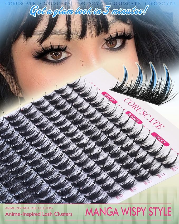 CORUSCATE Manga Lash Clusters Kit Spikes Anime Eyelash Clusters Natural Lash Extension Kit Wispy Cluster Eyelash Extensions Japanese Individual Lashes CD Curl DIY with Lashes Cluster Glue