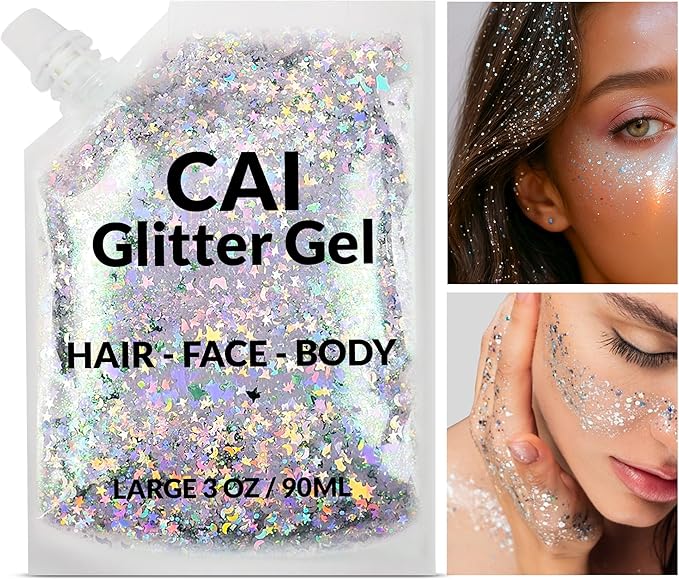 Face, Body & Hair Glitter Gel – Halloween Glitter for Kids and Women – 3 Oz Cosmetic-Grade Gel w/Moon & Stars for Festivals & Halloween Party, Easy Apply & Wash Off - Silver/Pink 2Pack