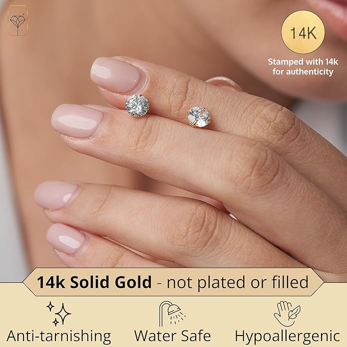 14k Gold Solitaire Round Cubic Zirconia Earrings Studs for Women & Men | Anti Tarnishing CZ Stud Earrings with 14k Gold Butterfly Pushbacks | 4MM-7.5MM by MAX + STONE