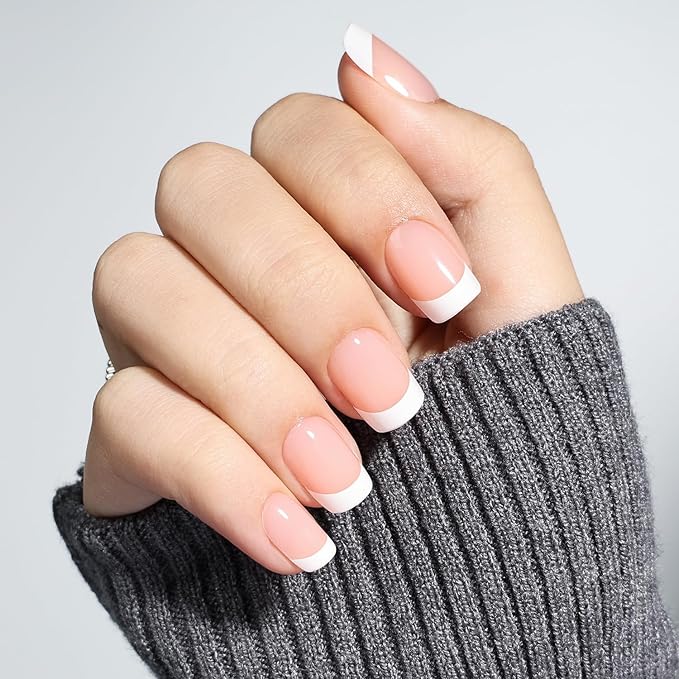 Leefrei French Tip Press On Nails, Short Square Press on Nails White Nails Press Ons for Women Fake Nails with Glue, Glossy Reusable Glue on Nail in 15 Sizes - 30pcs, Porcelain French
