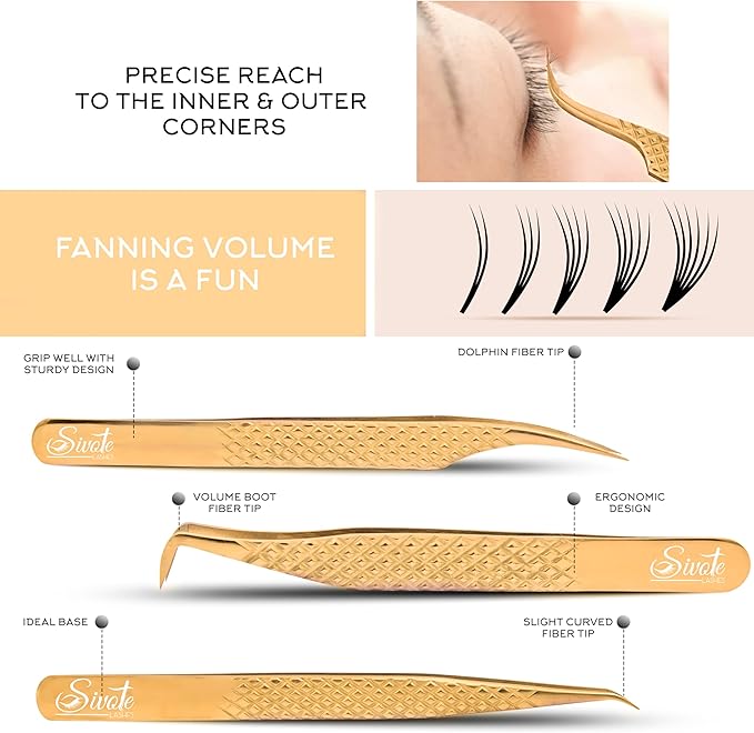 SIVOTE Eyelash Extension Tweezers Fiber Tips Japanese Steel, Set of 6, Curved, Dolphin, 90 Degree 45 Degree, Volume Boot & Slight Curved Tweezer, Gold