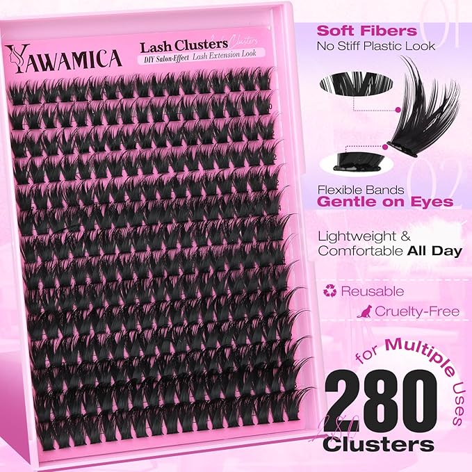 Wispy Lash Clusters DIY Lash Extensions D Curl 10–18mm Eyelash Clusters Spiky Volume Cluster Eyelash Extensions 280PCS Cluster Lashes Natural to Glam Look At-Home Lash Extension Look by Yawamica