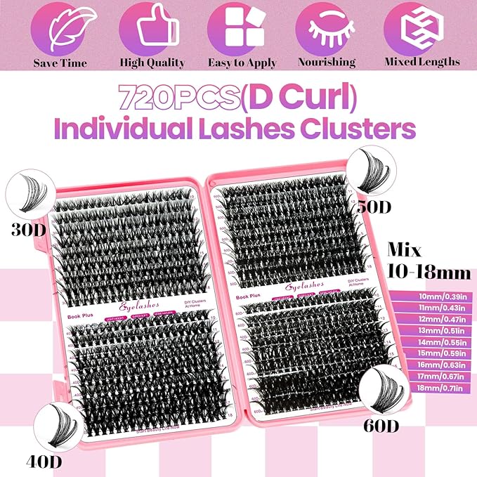 Qiveaory DIY Lash Extension Kit 720pcs Individual Lashes Clusters D Curl Eyelash Extension Kit with Lash Bond and Seal, Eyelash Remover Tweezers Brush(10-18mm,30D+40D+50D+60D) Lash Books DIY at Home