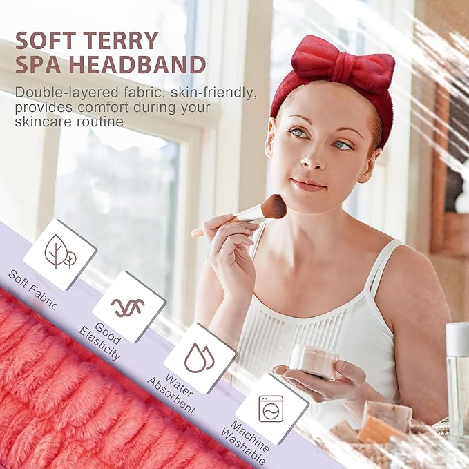 Crosize 7 Pack Cute Spa Skin Care Hairband and Wristband Set for Women, Red, Microfiber, for Makeup, Face Wash, Mask, Exercise, Showering