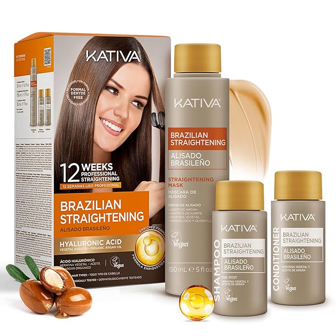 KATIVA Brazilian Keratin Treatment Kit at home Formaldehyde Free Hair Straightening with Hyaluronic Acid, Up to 12 Weeks Frizz Control for Curly, Wavy, Frizzy Hair (Straightening Kit)