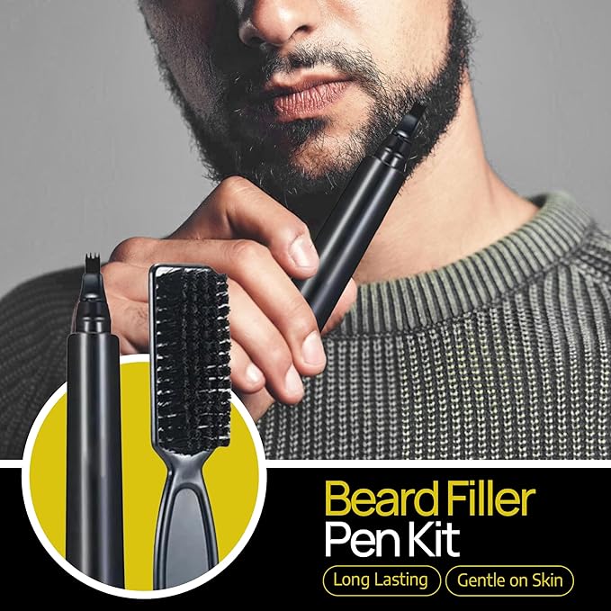 SELZALOT Beard Filler Pen (4-Tip) - Black Beard Pencil Filler for Men Waterproof Patchy Beard Solution - Beard Filler Kit Long Lasting Beard Filling Pen with Brush