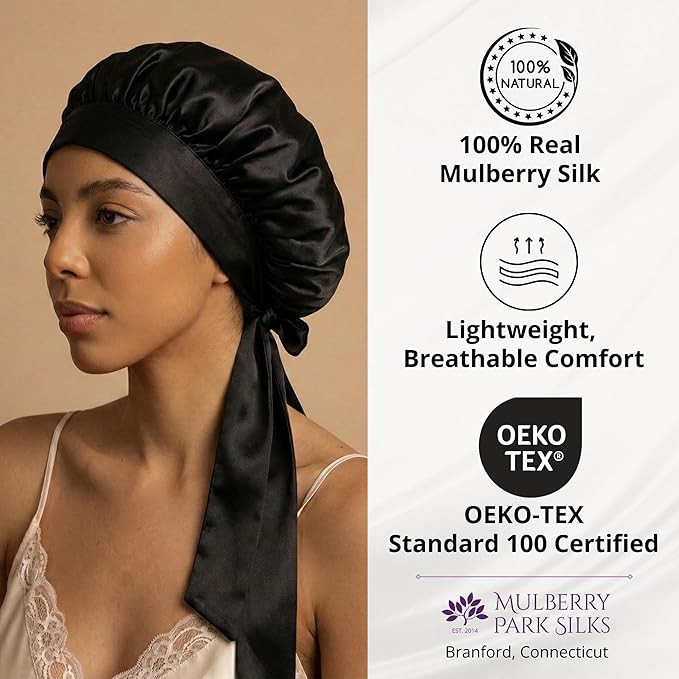 100% Mulberry Silk Hair Sleep Bonnet - Reversible Sleep Bonnet for Women, Wide Band Adjustable Tie, Night Cap for Curly Hair