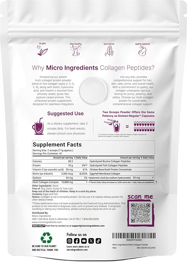 Multi Collagen Peptides Powder, 16 Oz - Hydrolyzed Protein Peptides | Type I,II,III,V,X with Hyaluronic Acid, Biotin 10,000mcg & Vitamin C - Unflavored - Keto & Paleo Friendly, Ez Mix in Drinks
