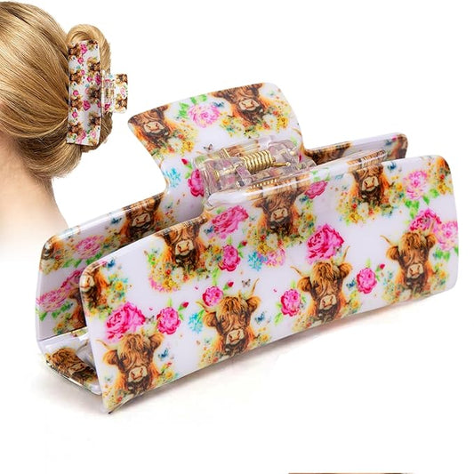 Medium Hair Claw Clip for Women, Highland Cow Floral Print Hair Clip, Strong Hold Non-Slip Jaw Clamp for Thick & Thin Hair, Cute Farm Animal Hair Accessory for Daily Wear, Parties, Travel