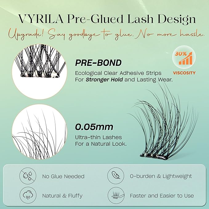 VYRILA Self-Adhesive Lash Cluster, Pre-Glued Clusters, Pop-On Faux Eyelashes, D Curl Natural Look Lahses, Reusable 0.05mm Eyelash Extensions (Green Hush-D-0.05-10-16mix-Kit)