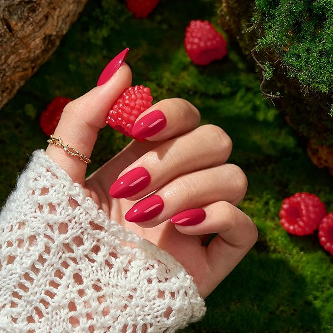 BTArtbox Press On Nails Almond - Raspberry Red Short Press On Nails with Glue for Women, Opaque Soft Gel Glue On Nails in 16 Sizes - 32 Stick On Nails Kit, Berry Blod