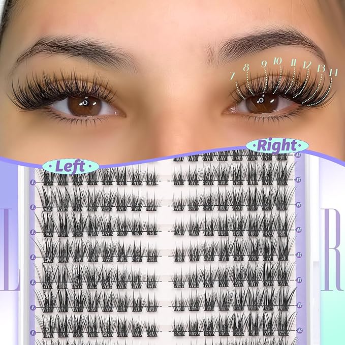 Yawamica Natural Lash Clusters Cat Eye Lash Extension 7-14mm Wispy Eyelash Clusters C Curly Individual Lashes Pre-mapped Cluster Lashes Left Right Cluster Eyelash Extensions DIY Lashes Natural Look