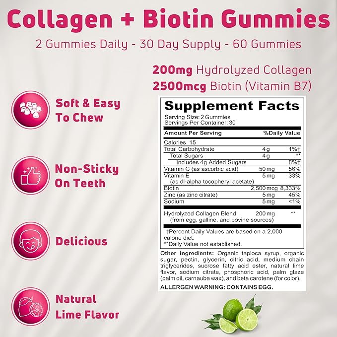 NUELATION 200mg Hydrolyzed Gummy Collagen for Women & Men. 2500mcg Biotin Gummies with 5mg Vitamin E, 50mg Vitamin C & 5mg Zinc. Gluten-Free, Non-GMO, Keto Friendly Adult Biotin and Collagen Vitamins