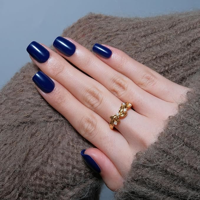 LAMIMOSA 32Pcs Press On Nails Short Square – Soft Gel Navy Blue Fake Nails in 16 Sizes, Reusable Glue on Nail kit, NAVY BLUE