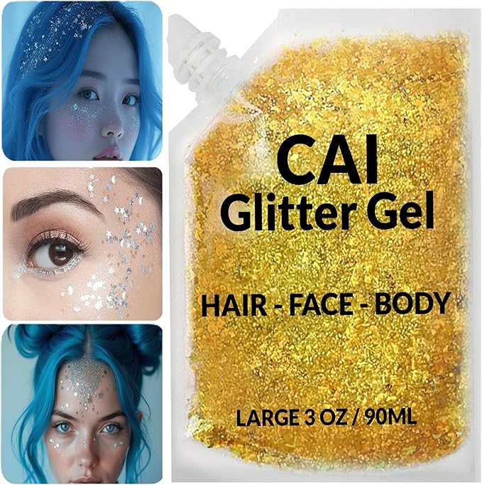 Face, Body & Hair Glitter Gel – Halloween Glitter for Kids and Women – 3 Oz Cosmetic-Grade Gel w/Moon & Stars for Festivals & Halloween Party, Easy Apply & Wash Off - Gold 1Pack