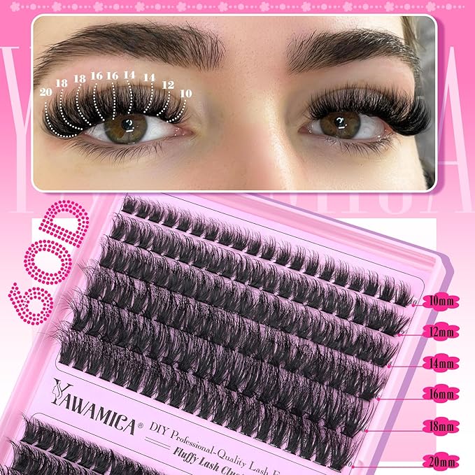 Yawamica Lash Clusters 60D 80D Thick Volume Cluster Eyelash Extensions Fluffier Eyelash Clusters 10-20mm Wispy Lash Extension D Curly Individual Lashes 280pcs DIY Lash at Home