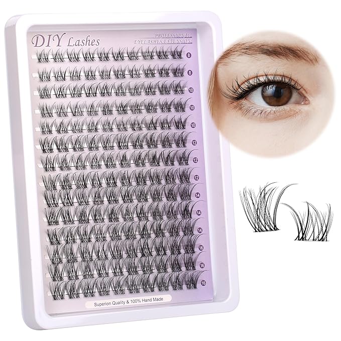Wispy Natural Lash Clusters Kit Natural Lash Invisible Lash Band Cluster Eyelash Extensions Kit 8-16mm Individual Lashes Extension DIY D Curl Eyelash with Waterproof Clear Lash Band Clusters