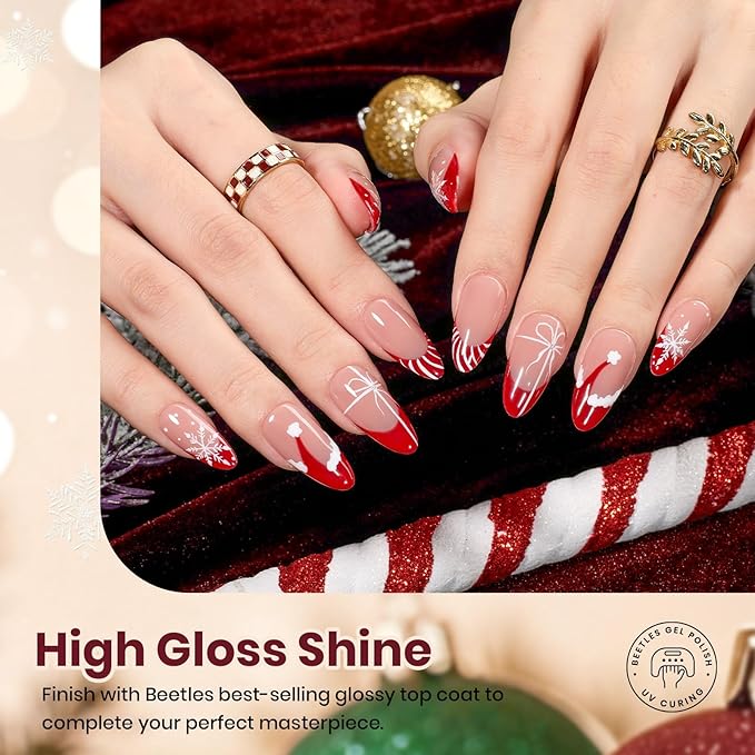 beetles Gel Polish Set – Snowlit Scarlet New Year Gel Polish Set, 6 Color Burgundy Red Glitter White Silver Snow Holiday Sparkle Manicure Kit Soak off UV Nail Art Gifts for Women
