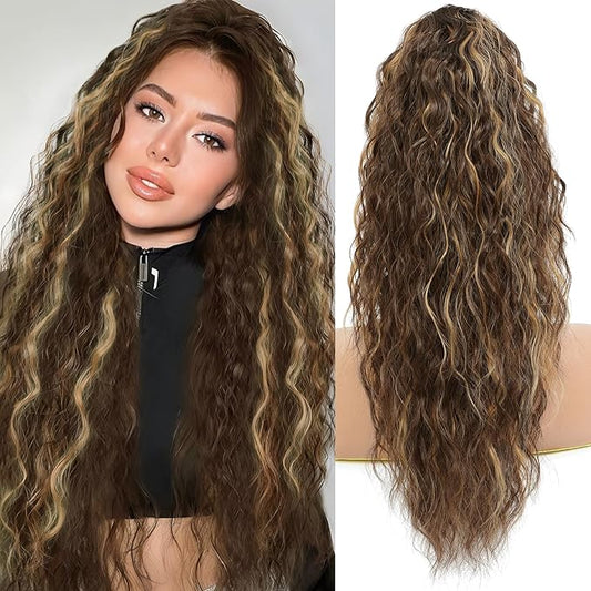 Ponytail Extension, Claw Clip on Pony tails Hair Extension for Women 22 Inch Long Wavy Curly Fake Ponytail Clip in Hair Pieces for Women Fluffy Natural Looking (Dark Chestnut with Blonde Highlights)